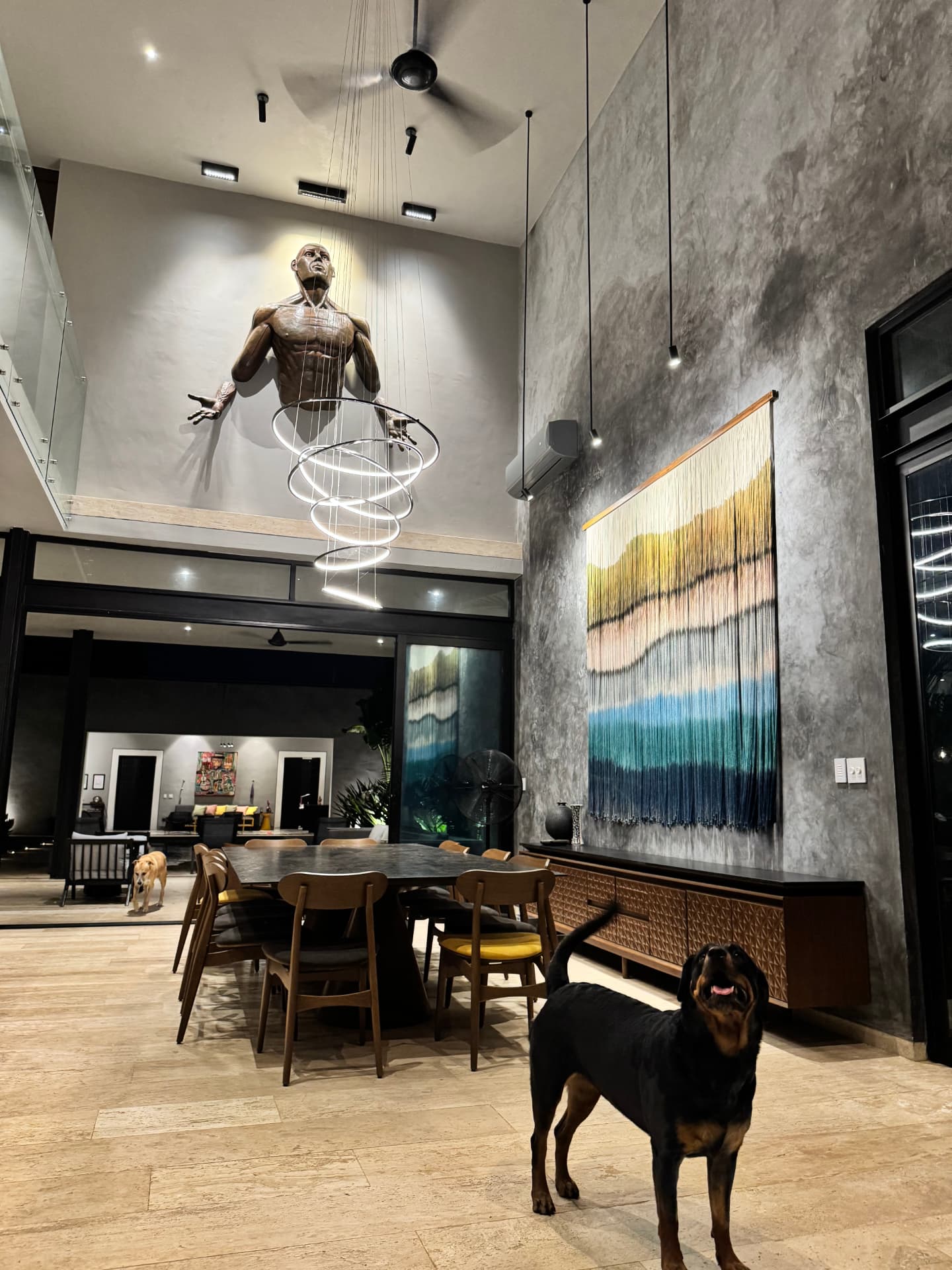 Dining room and suspended sculpture