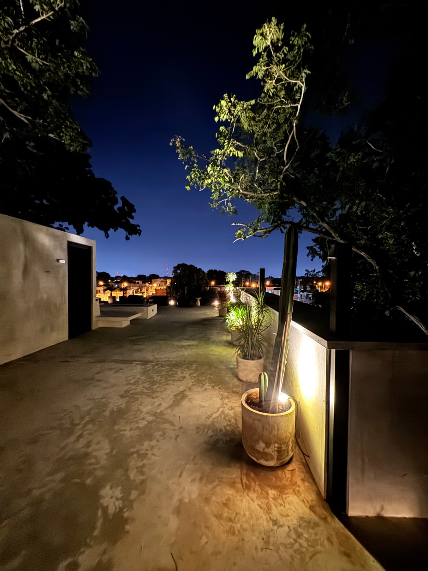 Rooftop walkway at night